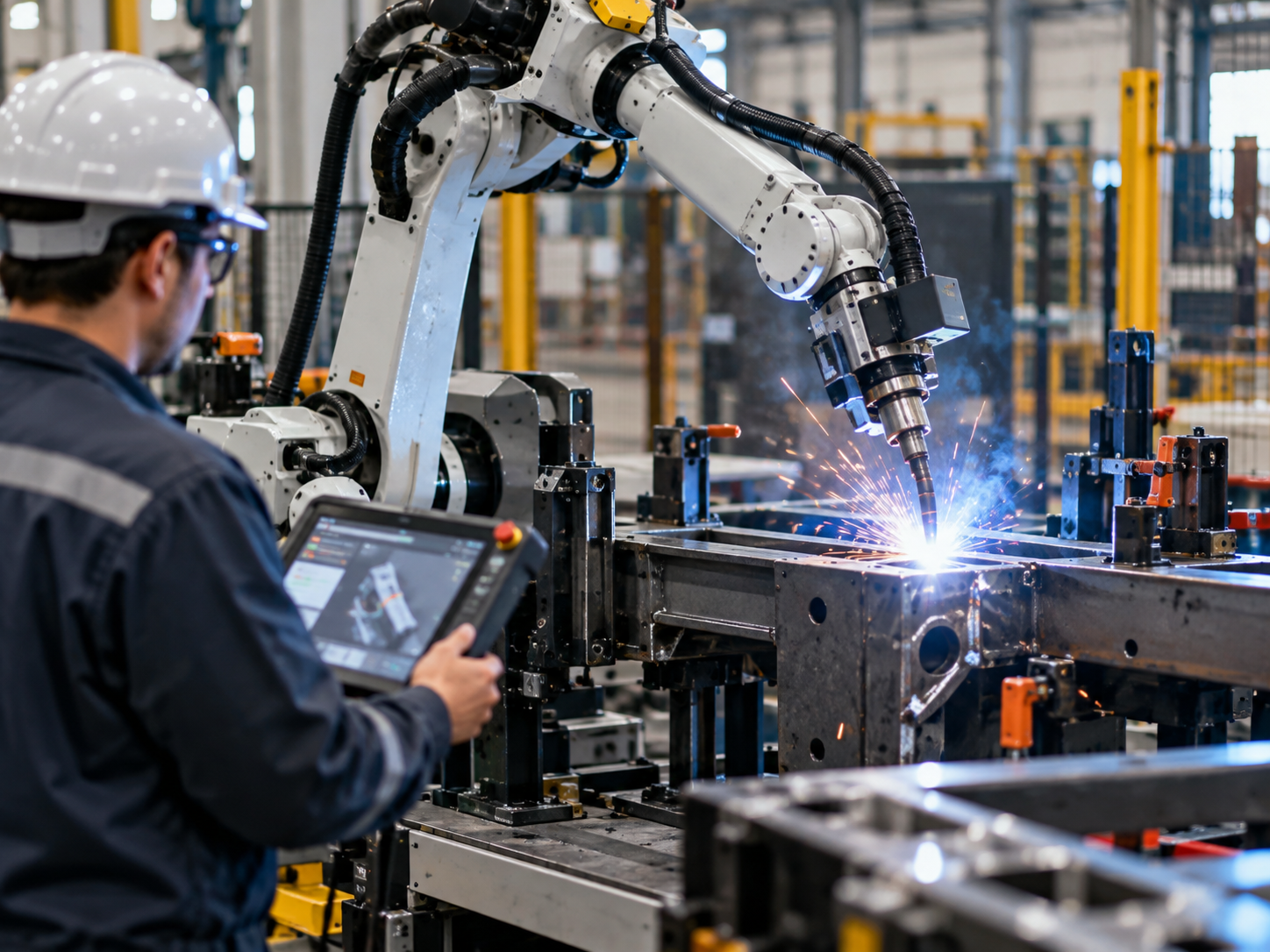 Welding robot adjusting parameters from real-time joint geometry