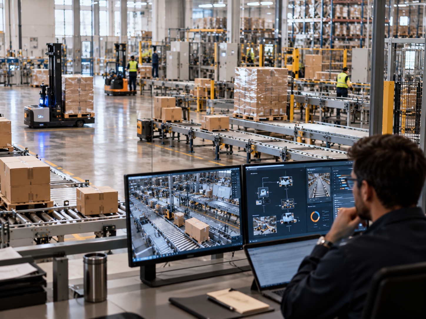 Automated sorter and conveyor line running under real-time equipment control