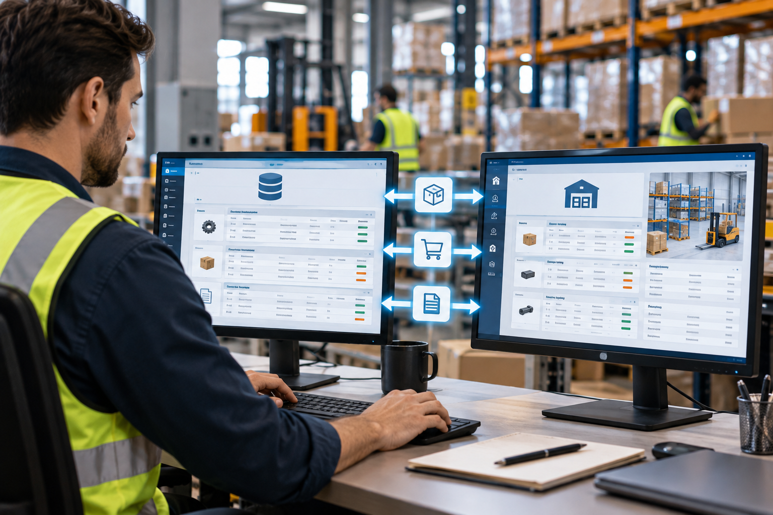 Item master, purchase orders and sales orders synchronised from the ERP into the WMS
