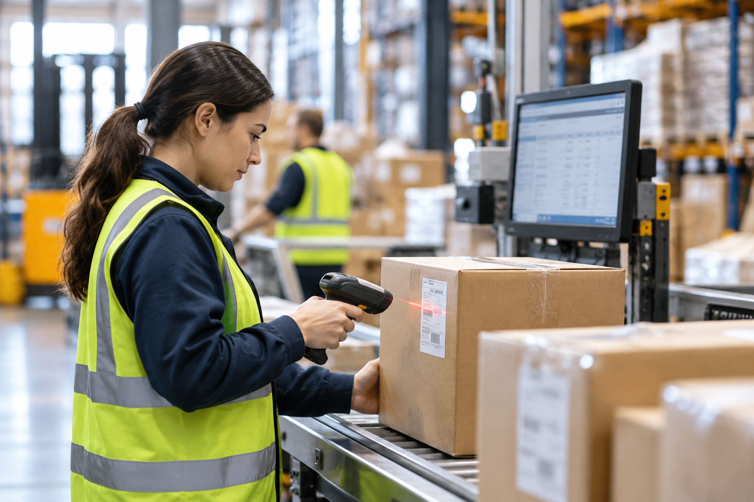 Operator scanning a pick confirmation on a handheld terminal on the warehouse floor