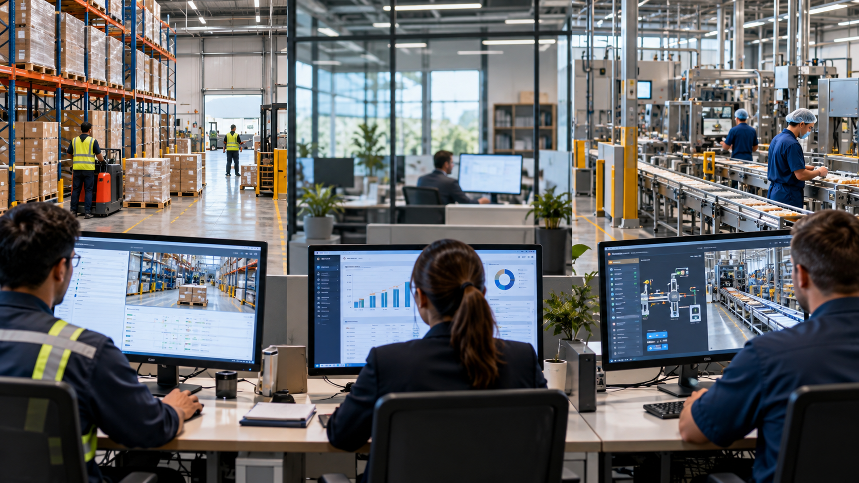 Operations team reviewing inventory, production and warehouse data across connected systems